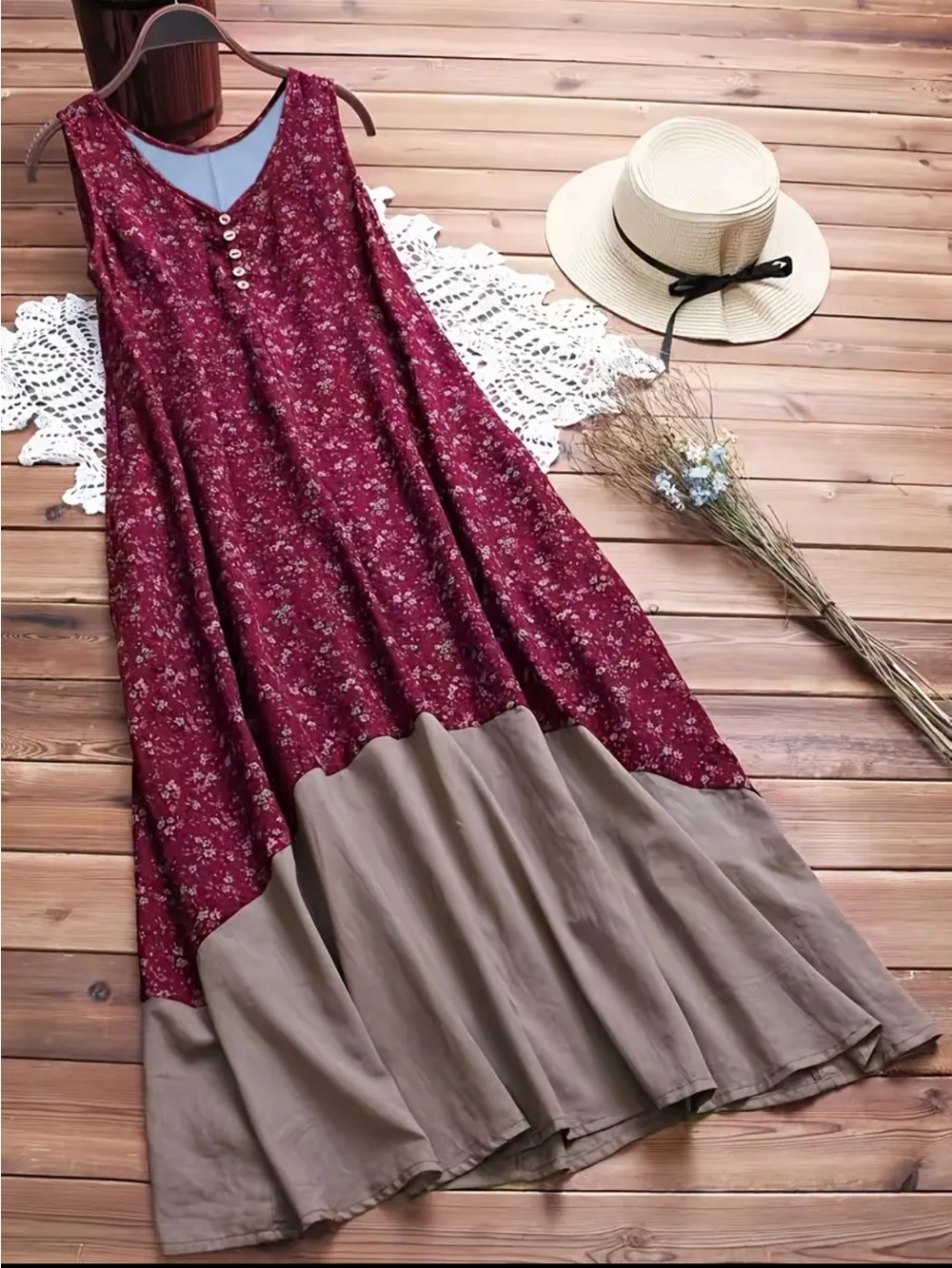 Sleeveless Burgundy Floral Maxi Dress with Taupe Hem